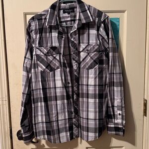 Eighty Eight Black and Gray Plaid Casual Button Down Shirt